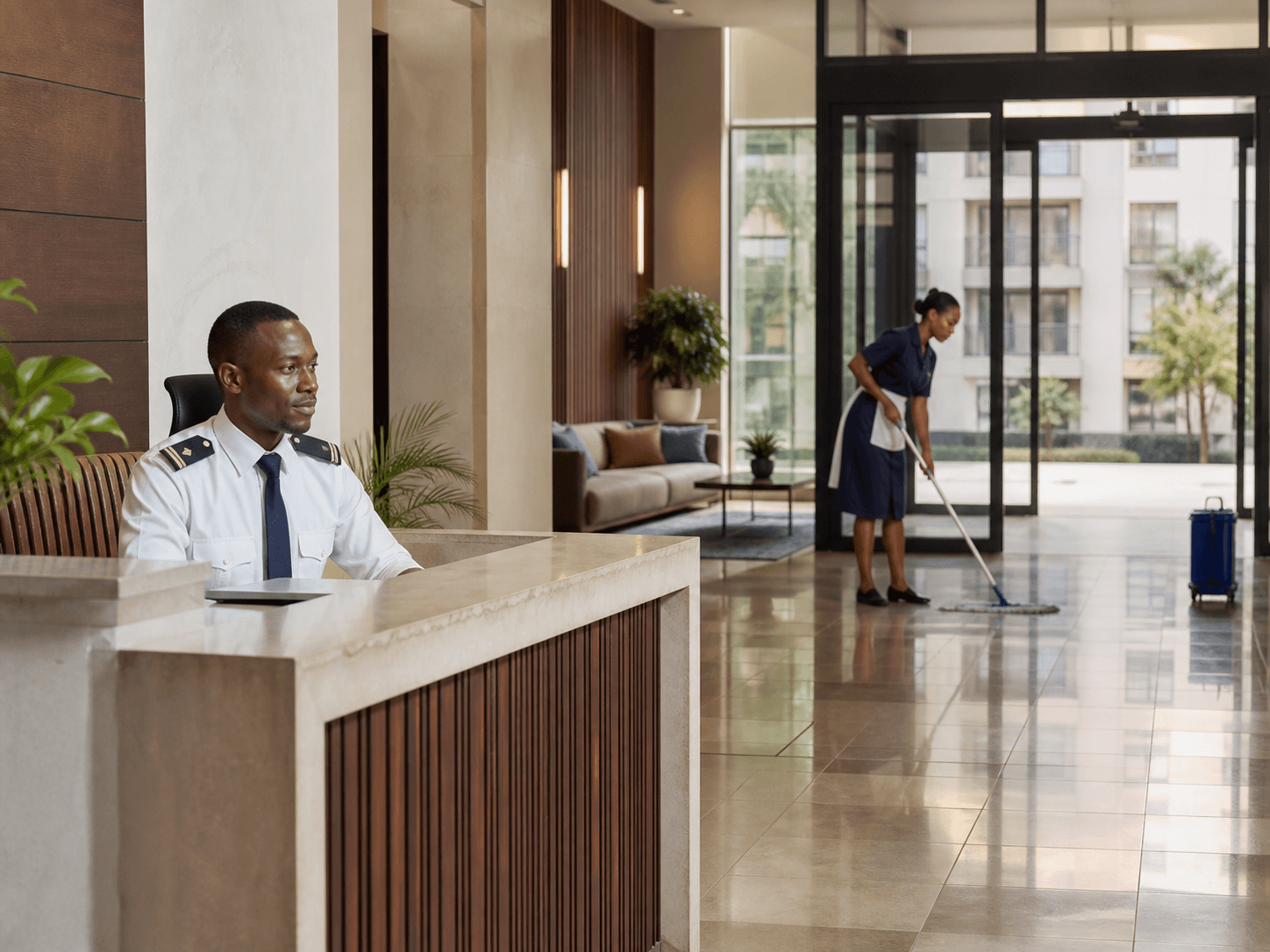 Security officer and cleaning professional working in a modern apartment lobby